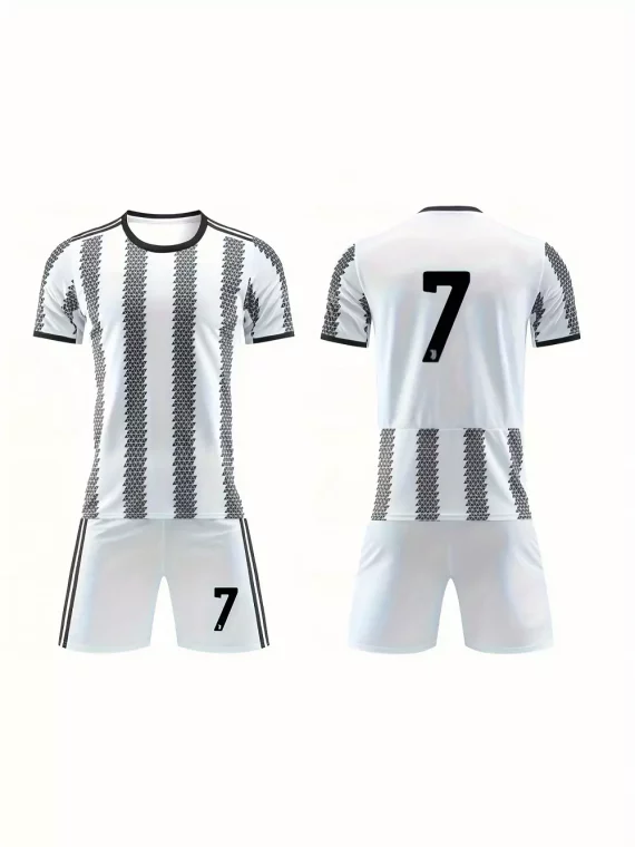 Kit De Fútbol De 2 Piezas, Trajes De Camiseta De Rugby Geometr??a Para Nio # 7 Camiseta De Fútbol De Manga Corta Y Pantalones Cortos De Rayas Transpirables Ligeramente Elásticoss Activos Para Competición De Entrenamiento Para Nios